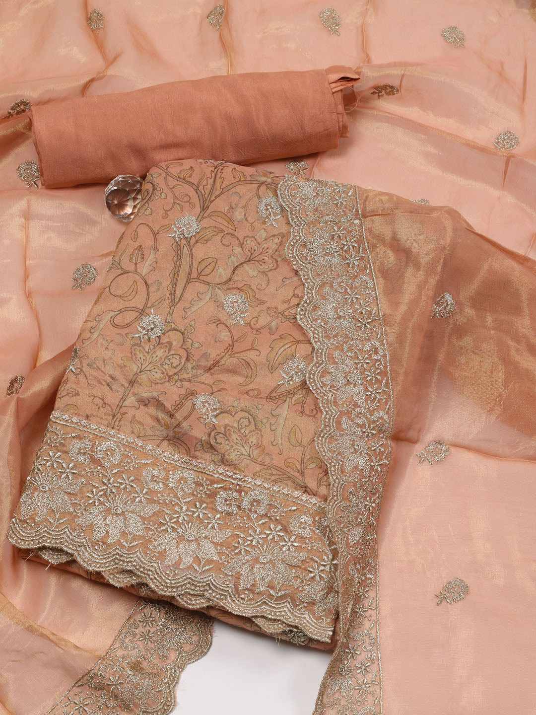Floral Printed Tissue Unstitched Suit Piece With Dupatta