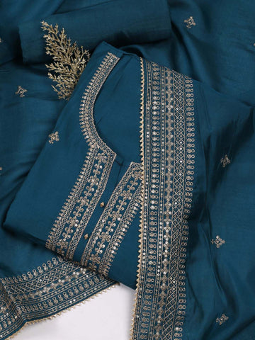 Neck Embroidered Chanderi Unstitched Suit Piece With Dupatta