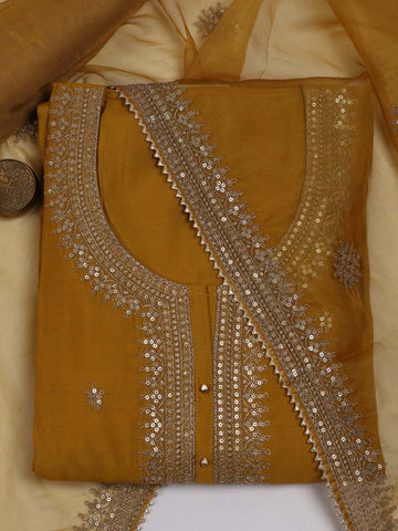 Neck Embroidered Chanderi Unstitched Suit Piece With Dupatta