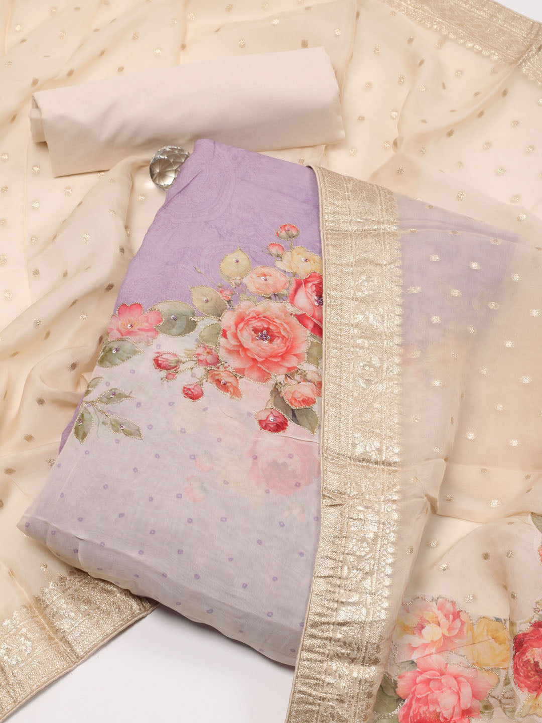 Floral Printed Organza Unstitched Suit Piece With Dupatta