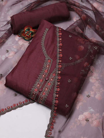 Neck Embroidered Chanderi Unstitched Suit Piece With Dupatta