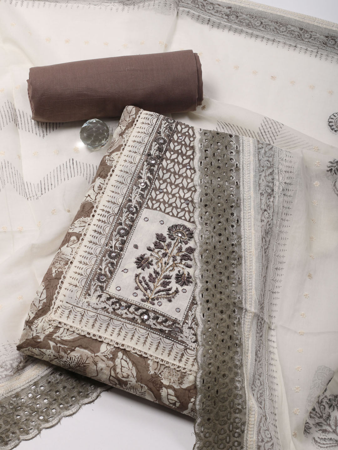 Neck Embroidery & Printed Cotton Unstitched Suit Piece With Dupatta