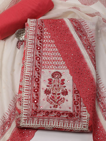 Neck Embroidery & Printed Cotton Unstitched Suit Piece With Dupatta