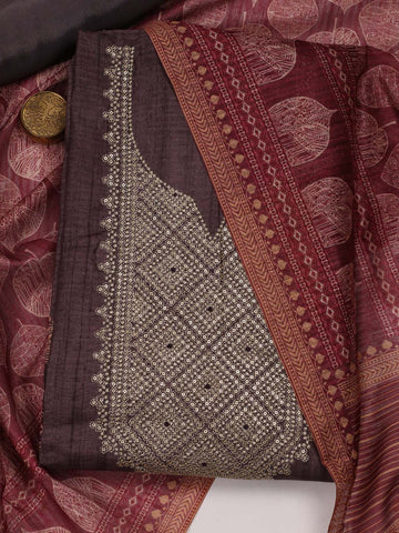 Neck Embroidered Art Tussar Unstitched Suit Piece With Dupatta