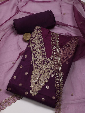 Neck Embroidery Chanderi Unstitched Suit Piece With Dupatta