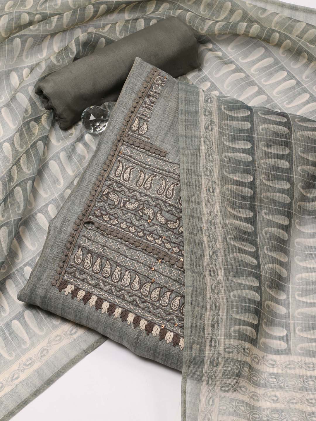 Neck Embroidered Linen Unstitched Suit Piece With Dupatta