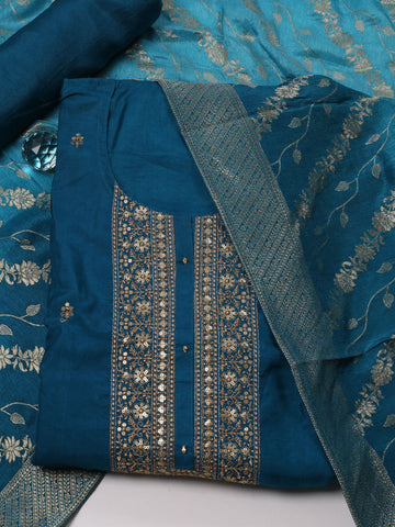 Neck Embroidery Chanderi Unstitched Suit Piece With Banarsi Dupatta