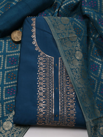 Neck Embroidery Chanderi Unstitched Suit Piece With Banarsi Dupatta