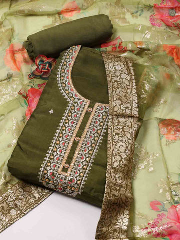 Neck Embroidery Chanderi Unstitched Suit Piece With Dupatta