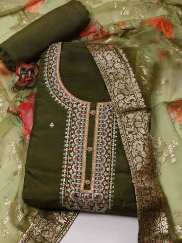 Neck Embroidery Chanderi Unstitched Suit Piece With Dupatta