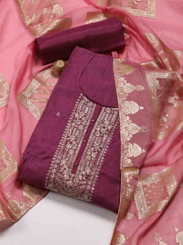 Neck Embroidery Chanderi Unstitched Suit Piece With Dupatta