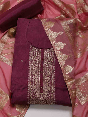 Neck Embroidery Chanderi Unstitched Suit Piece With Dupatta