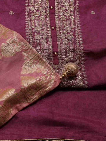 Neck Embroidery Chanderi Unstitched Suit Piece With Dupatta