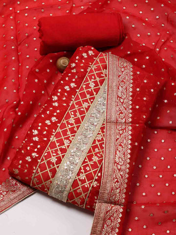 Neck Patti Woven Chanderi Unstitched Suit Piece With Banarsi Dupatta