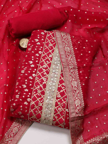Neck Patti Woven Chanderi Unstitched Suit Piece With Banarsi Dupatta