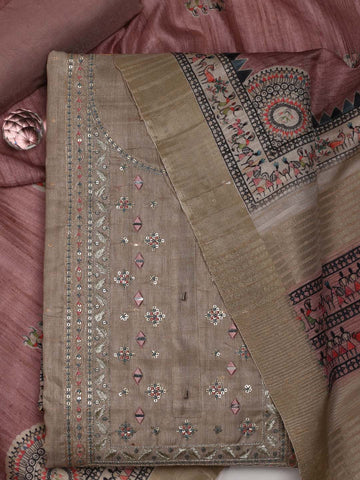 Neck Embroidered Tussar Unstitched Suit Piece With Dupatta