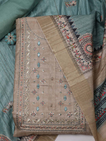 Neck Embroidered Tussar Unstitched Suit Piece With Dupatta