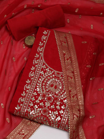 Neck Embroidered Chanderi Unstitched Suit Piece With Dupatta