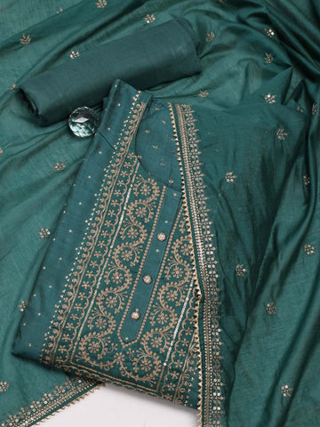 Neck Embroidered Chanderi Unstitched Suit Piece With Dupatta