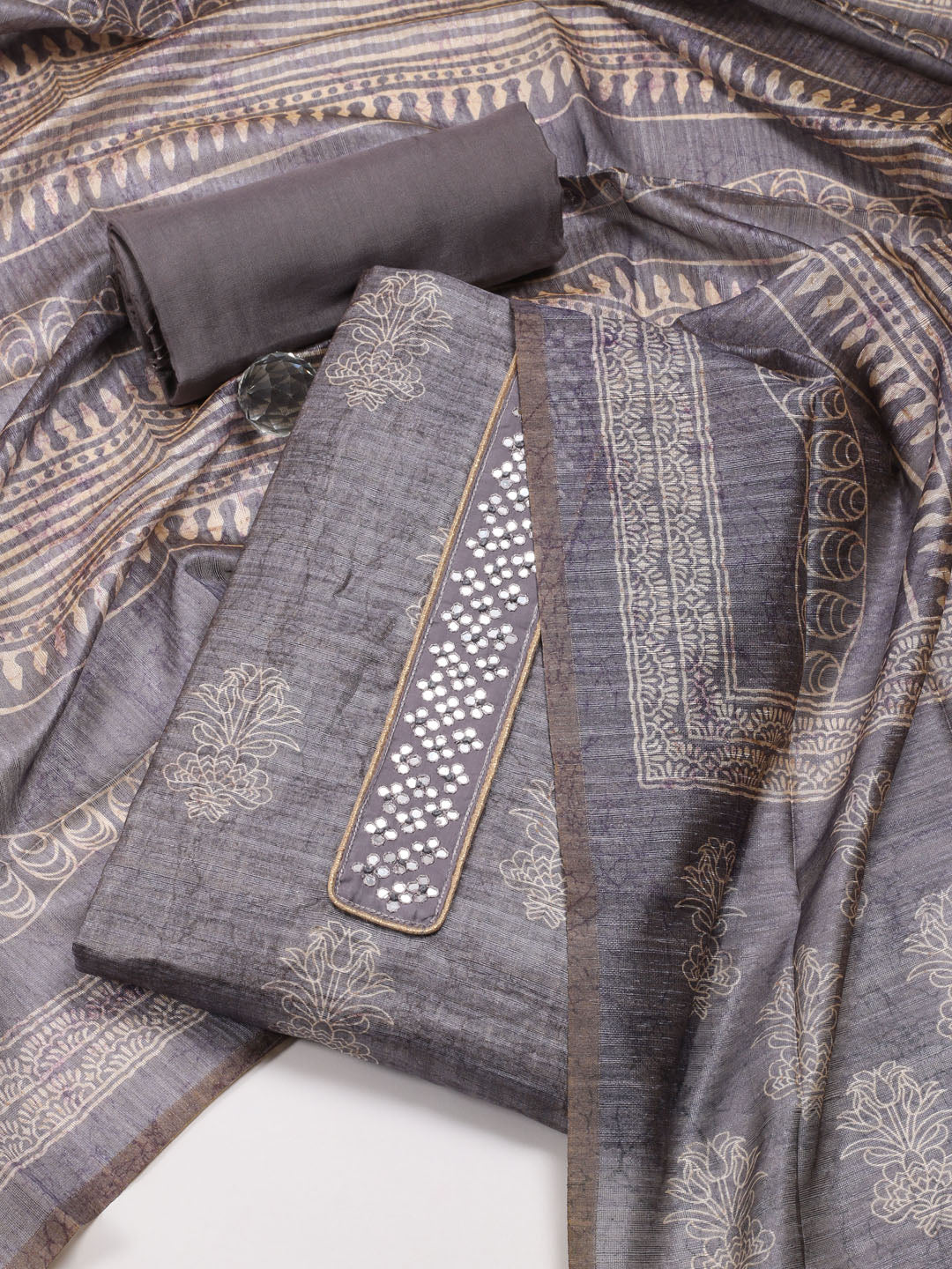 Neck Patti Embroidery Chanderi Unstitched Suit Piece With Dupatta