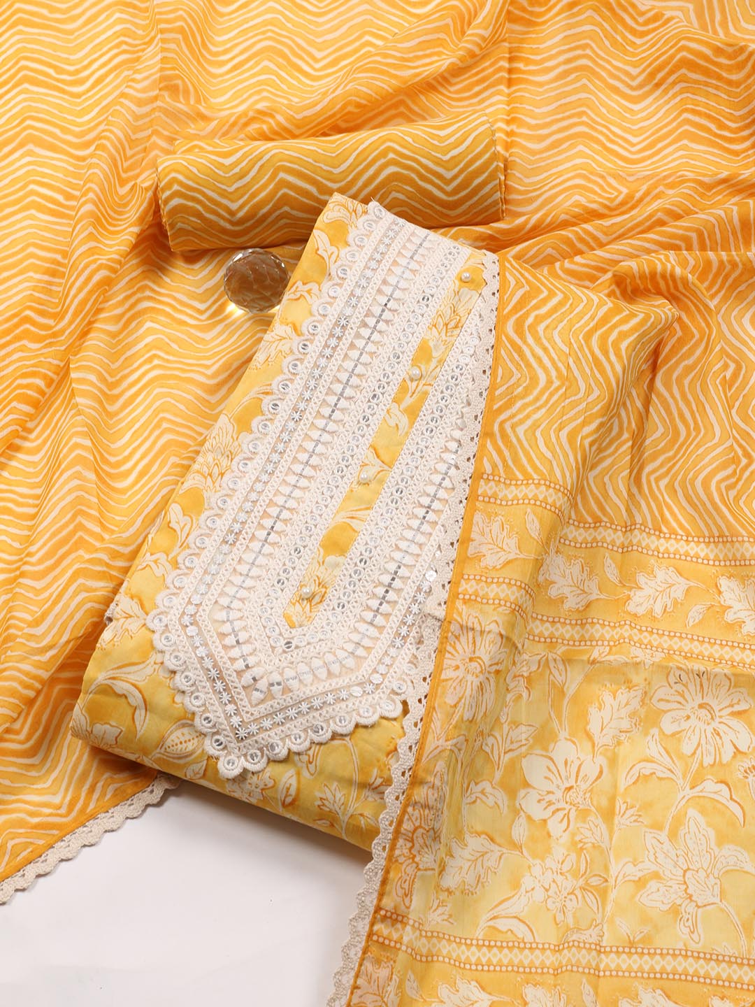Printed Cotton Blend Unstitched Suit Piece With Dupatta