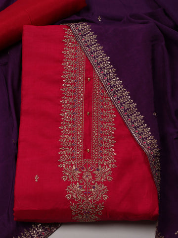 Neck Embroidery Chanderi Unstitched Suit Piece With Dupatta