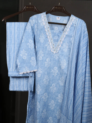 Neck Embroidery Cotton Kurta With Pants & Dupatta