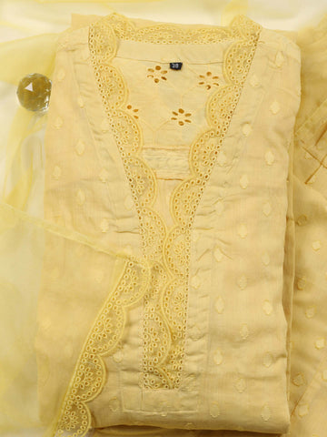 Neck Embroidery Cotton Kurta With Pants & Dupatta