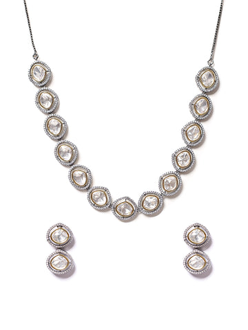 Silver & White Kundan Necklace Set With Earrings
