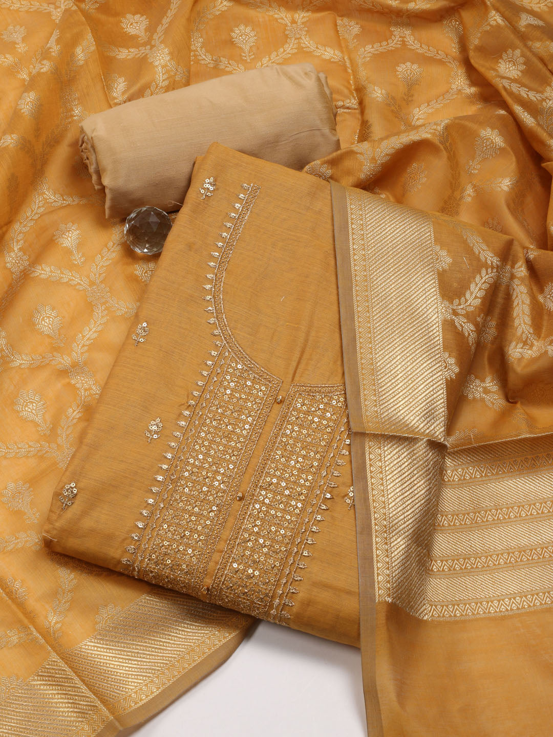 Neck Embroidery Chanderi Unstitched Suit Piece With Banarsi Dupatta