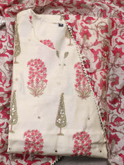 Floral Printed Chanderi Kurta With Pants & Dupatta