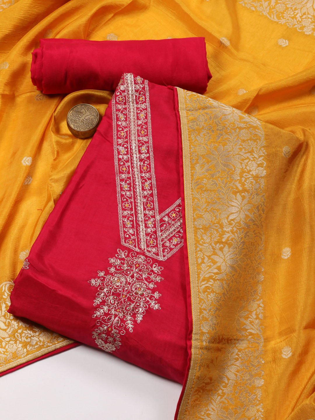 Neck Embroidery Cotton Unstitched Suit Piece With Banarsi Dupatta