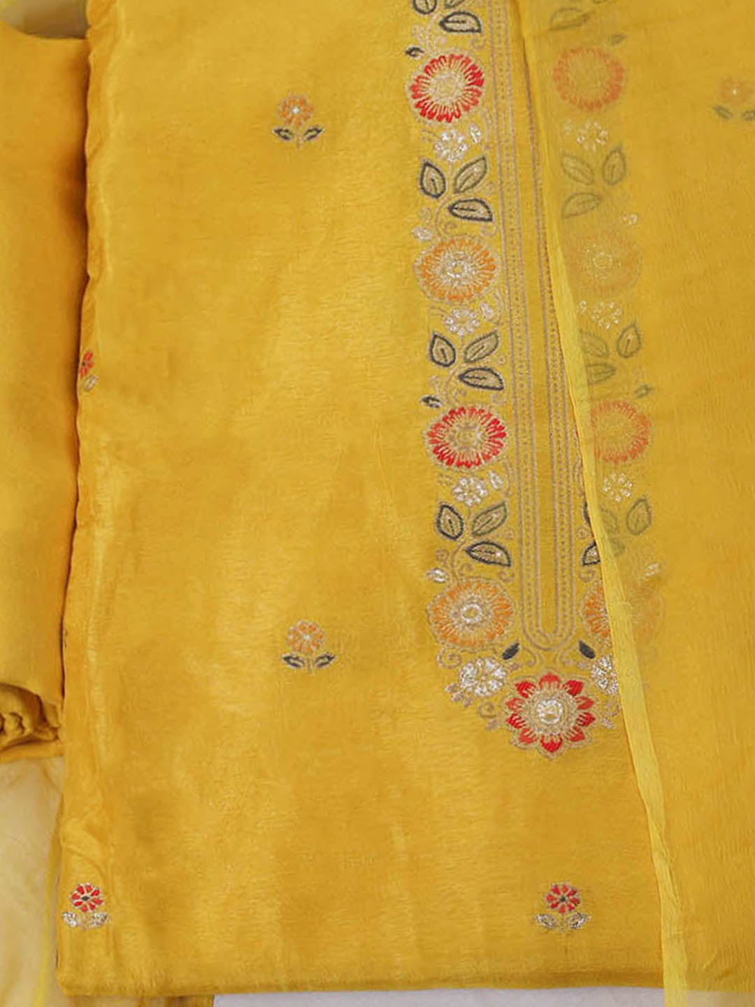 Embroidered Chanderi Unstitched Suit With Pant &amp; Dupatta