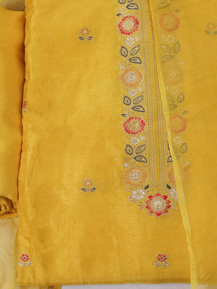 Embroidered Chanderi Unstitched Suit With Pant &amp; Dupatta