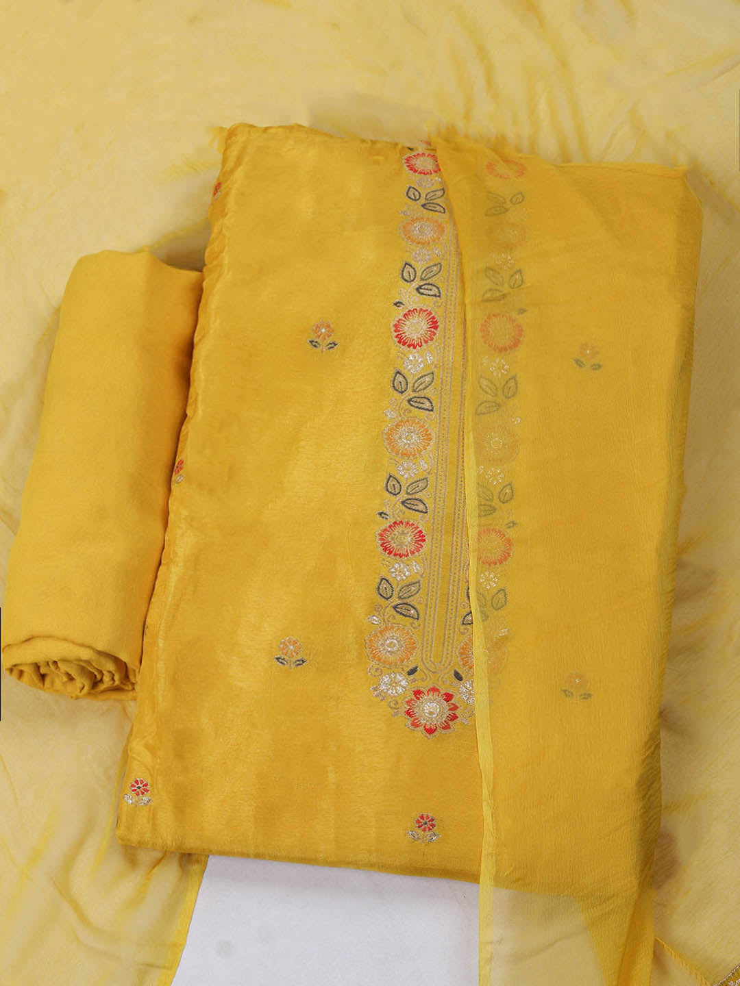 Embroidered Chanderi Unstitched Suit With Pant &amp; Dupatta