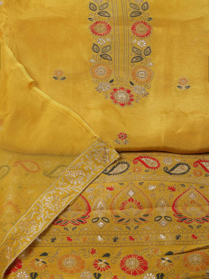 Embroidered Chanderi Unstitched Suit With Pant &amp; Dupatta