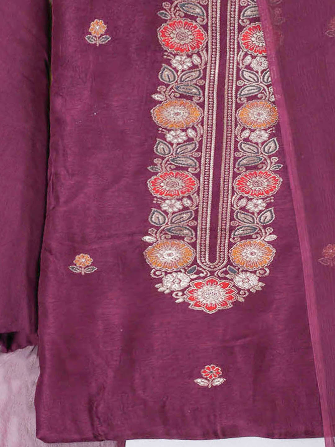 Embroidered Chanderi Unstitched Suit With Pant &amp; Dupatta