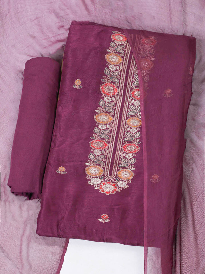 Embroidered Chanderi Unstitched Suit With Pant &amp; Dupatta