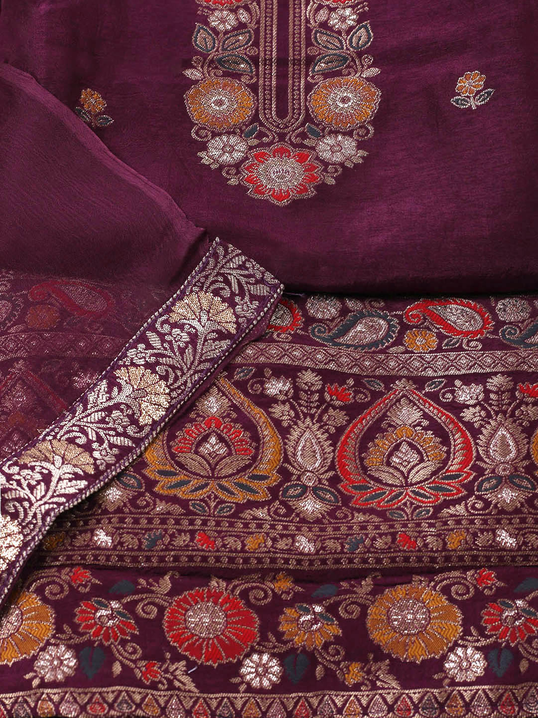Embroidered Chanderi Unstitched Suit With Pant &amp; Dupatta