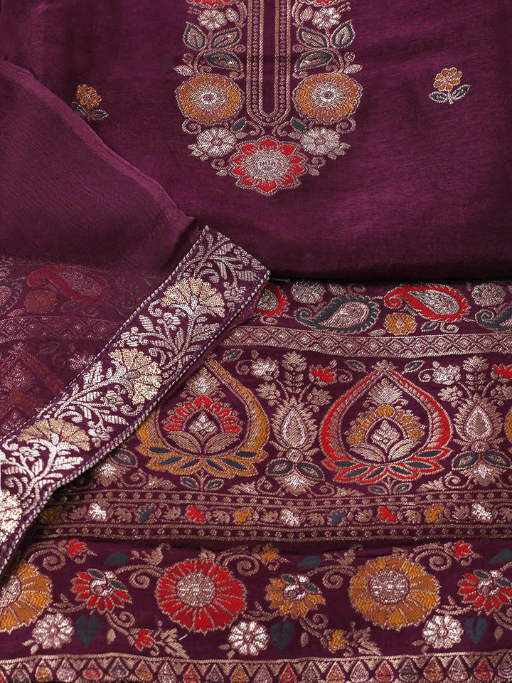 Embroidered Chanderi Unstitched Suit With Pant &amp; Dupatta