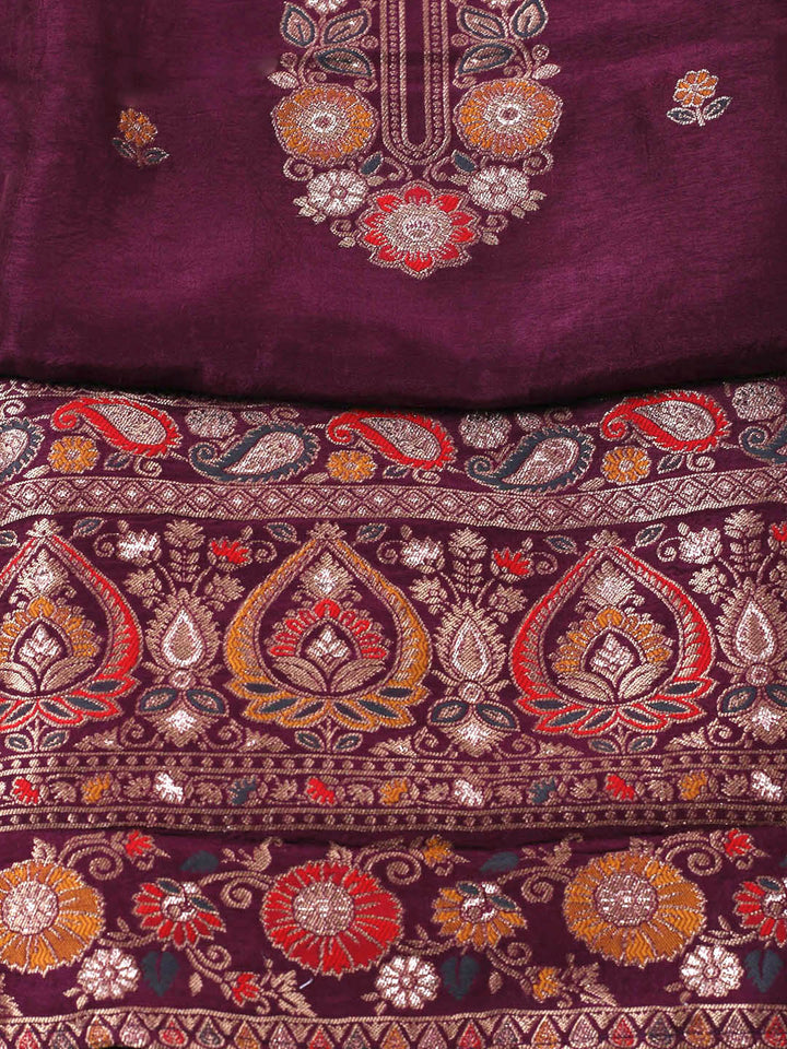 Embroidered Chanderi Unstitched Suit With Pant &amp; Dupatta