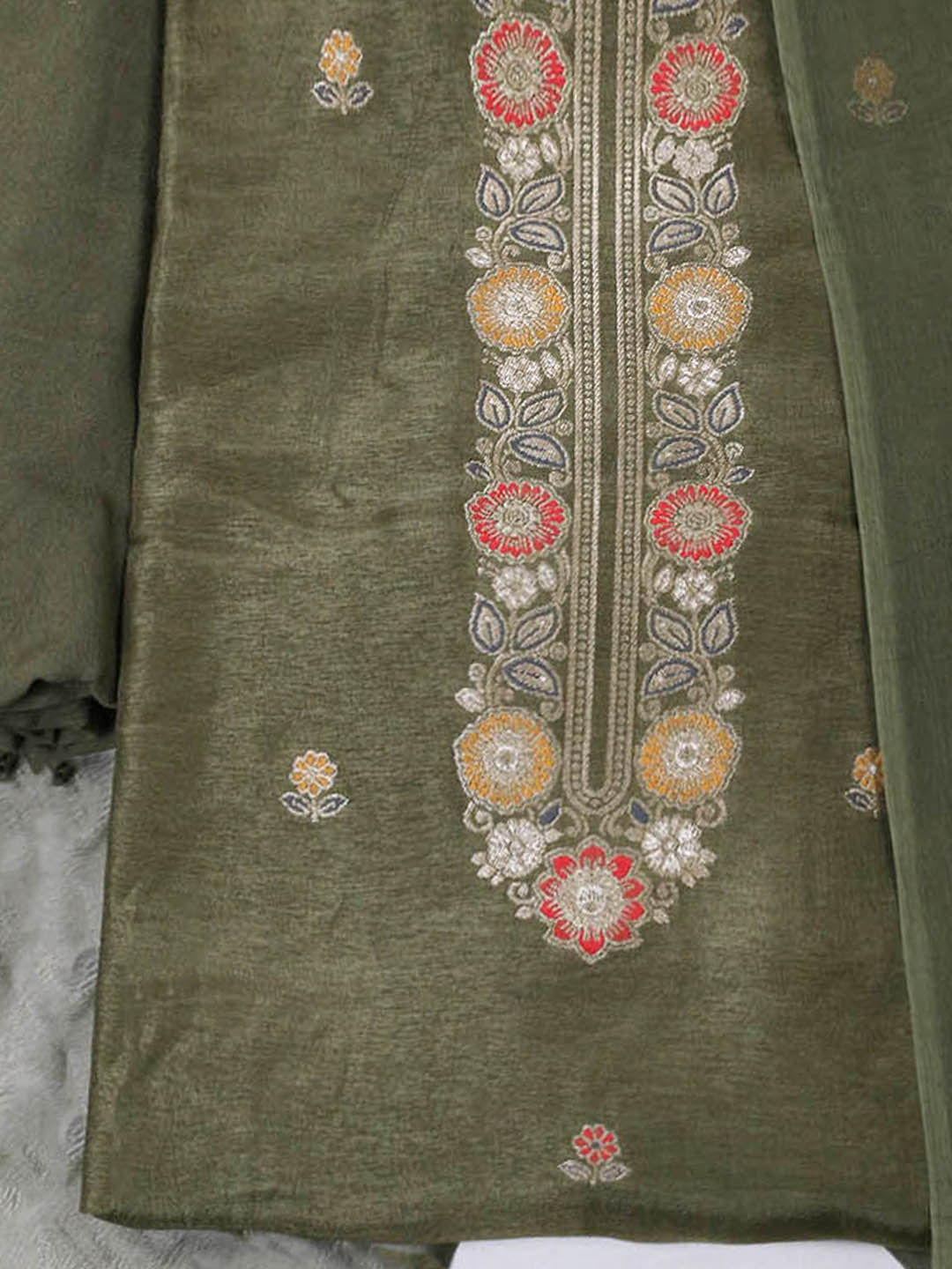 Embroidered Chanderi Unstitched Suit With Pant &amp; Dupatta