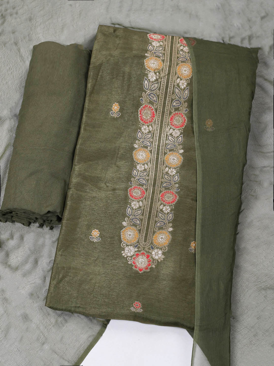 Embroidered Chanderi Unstitched Suit With Pant &amp; Dupatta