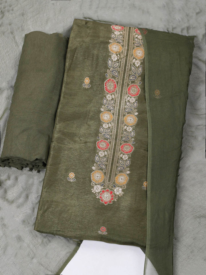 Embroidered Chanderi Unstitched Suit With Pant &amp; Dupatta