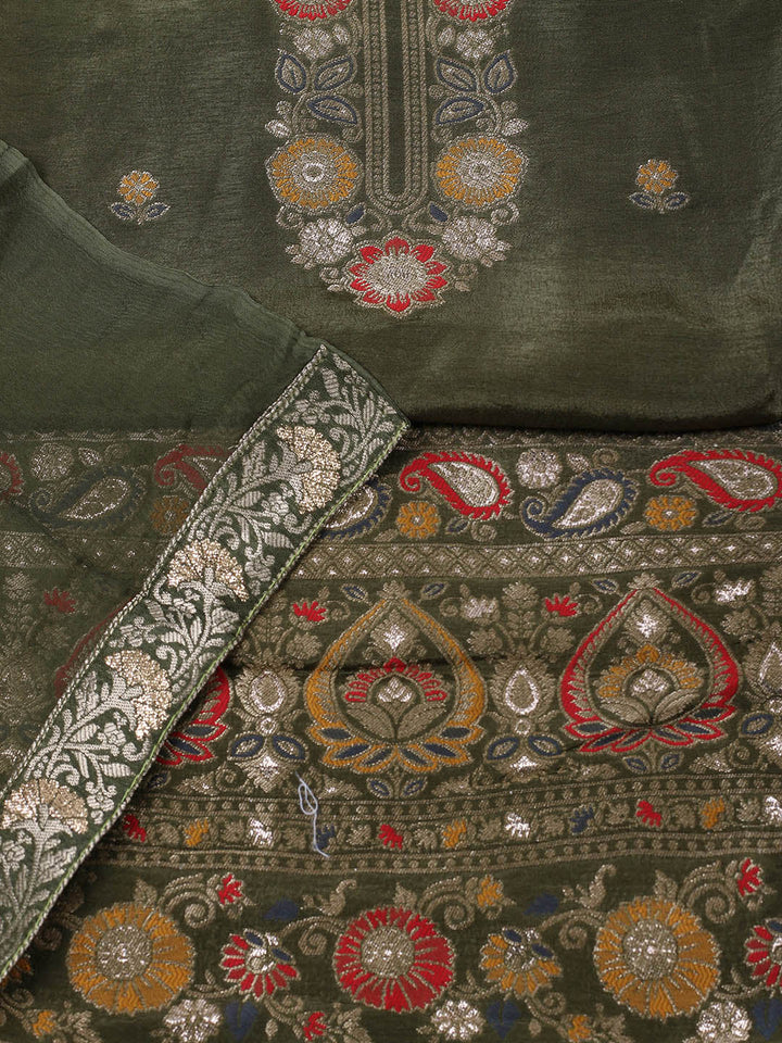 Embroidered Chanderi Unstitched Suit With Pant &amp; Dupatta