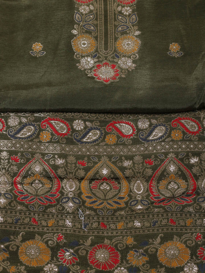 Embroidered Chanderi Unstitched Suit With Pant &amp; Dupatta
