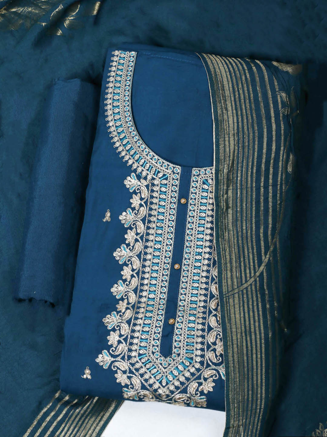 Embroidered Chanderi Unstitched Suit With Pant &amp; Dupatta