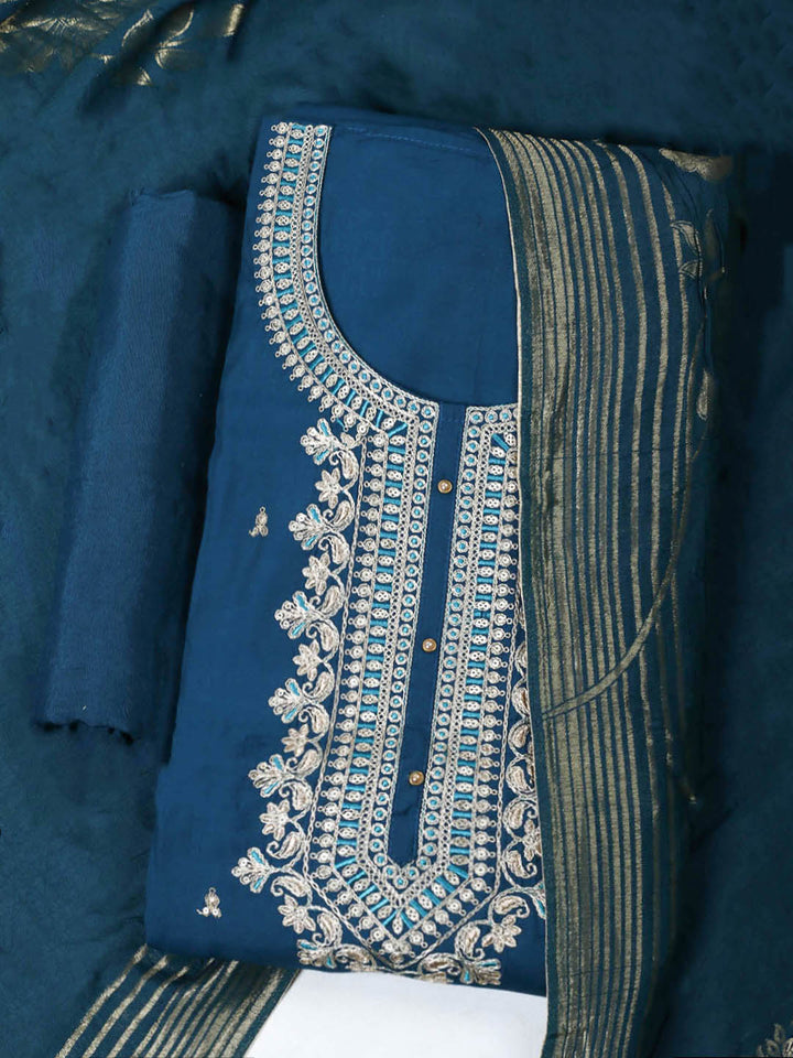 Embroidered Chanderi Unstitched Suit With Pant &amp; Dupatta