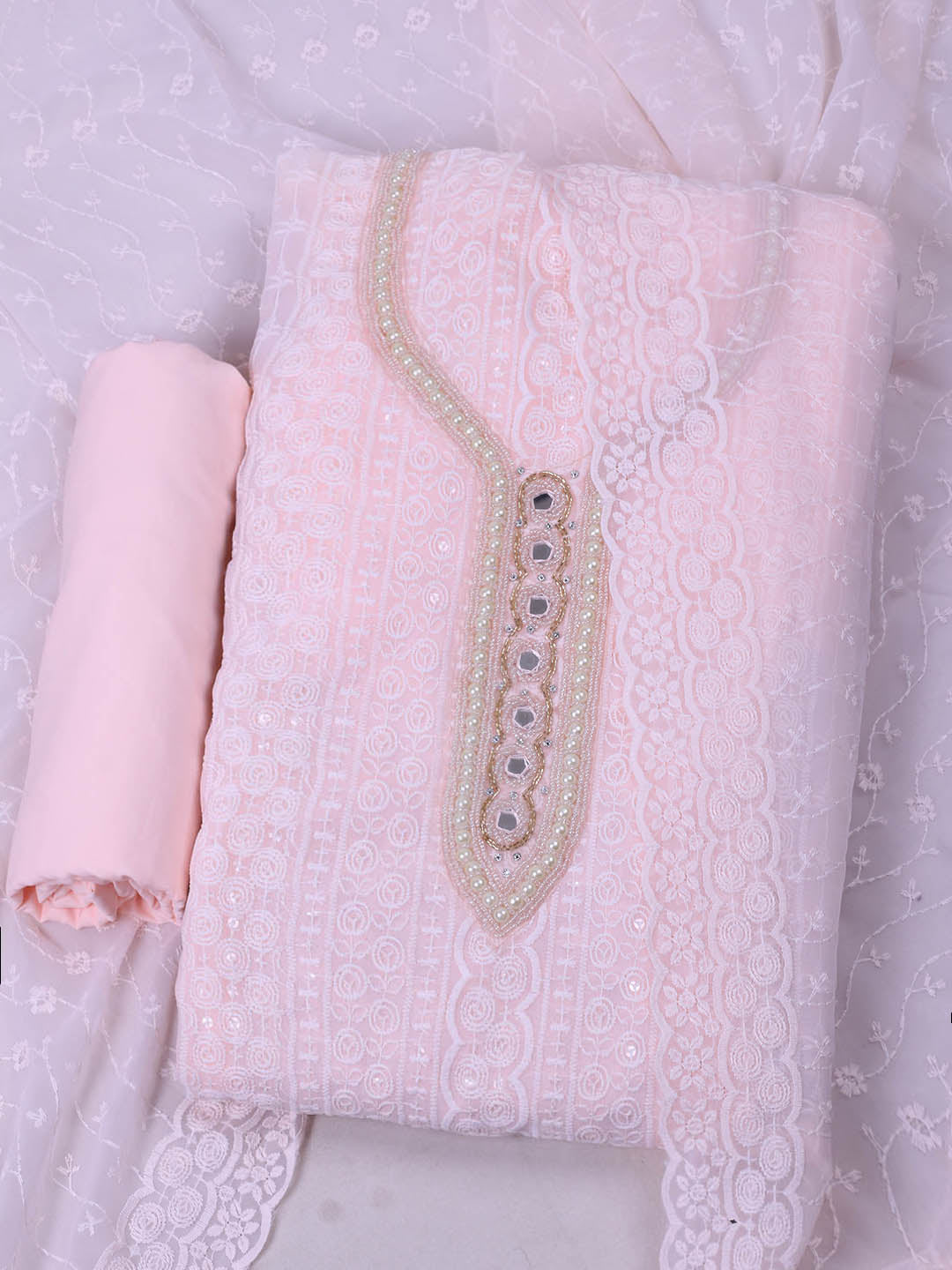 Embroidered Georgette Unstitched Suit With Pant &amp; Dupatta
