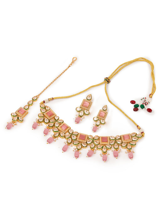 Golden & Pink Kundan Necklace Set With Earrings & Tikaa 1080